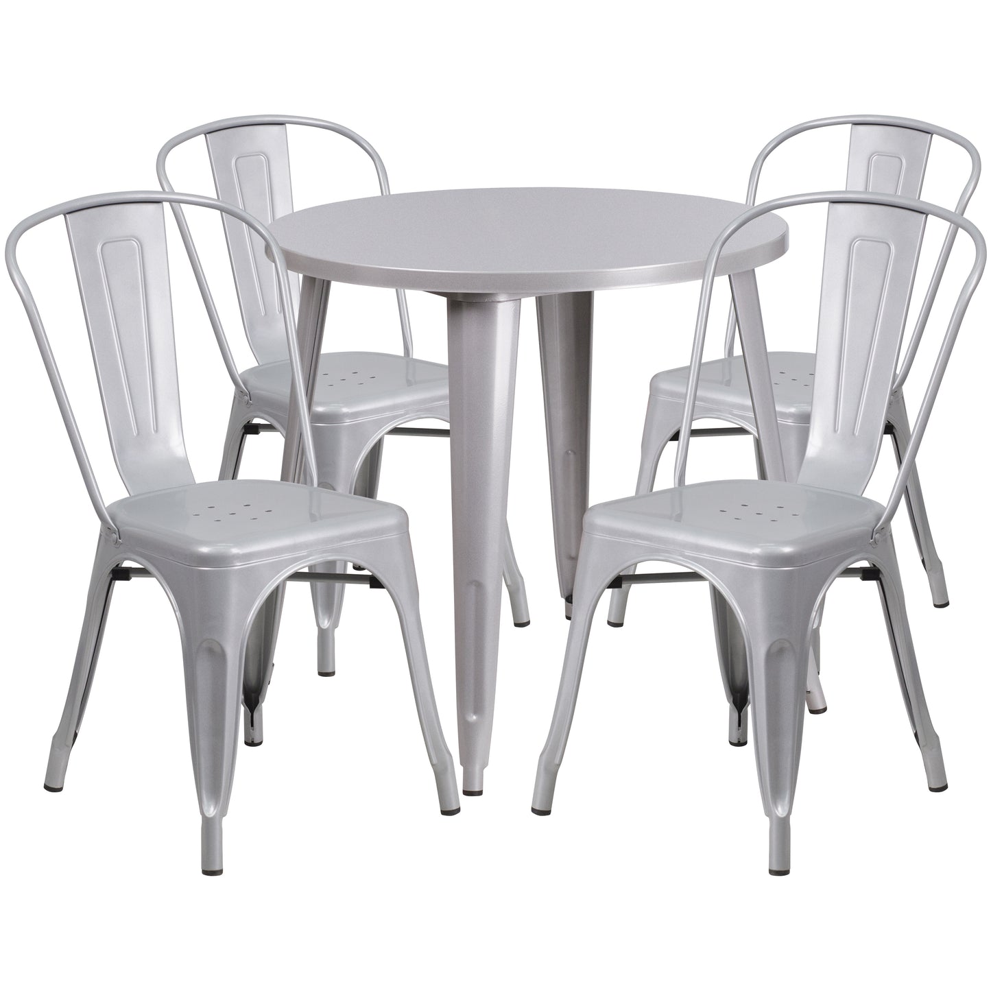 Dalton Commercial Grade 30" Round Silver Metal Indoor-Outdoor Table Set with 4 Cafe Chairs