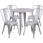Dalton Commercial Grade 30" Round Silver Metal Indoor-Outdoor Table Set with 4 Cafe Chairs