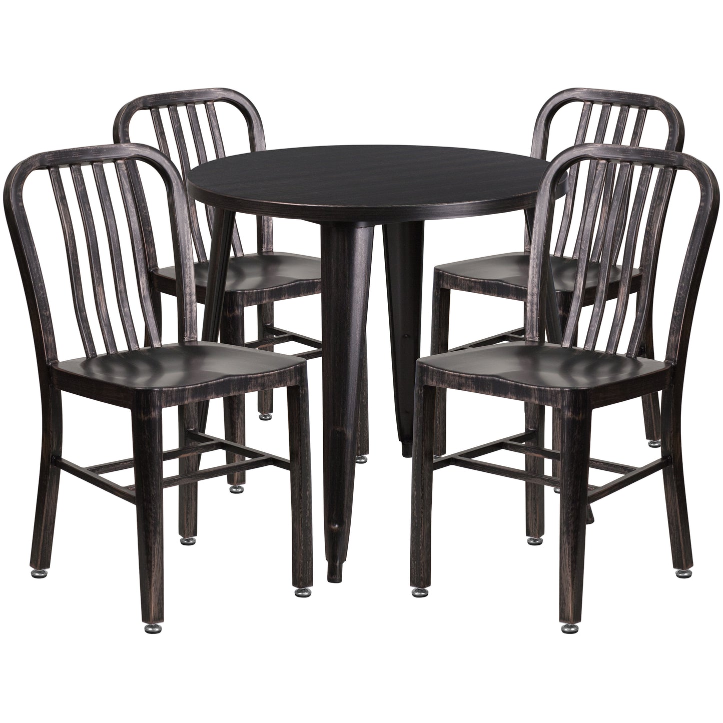 Chad Commercial Grade 30" Round Black-Antique Gold Metal Indoor-Outdoor Table Set with 4 Vertical Slat Back Chairs