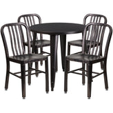 Chad Commercial Grade 30" Round Black-Antique Gold Metal Indoor-Outdoor Table Set with 4 Vertical Slat Back Chairs