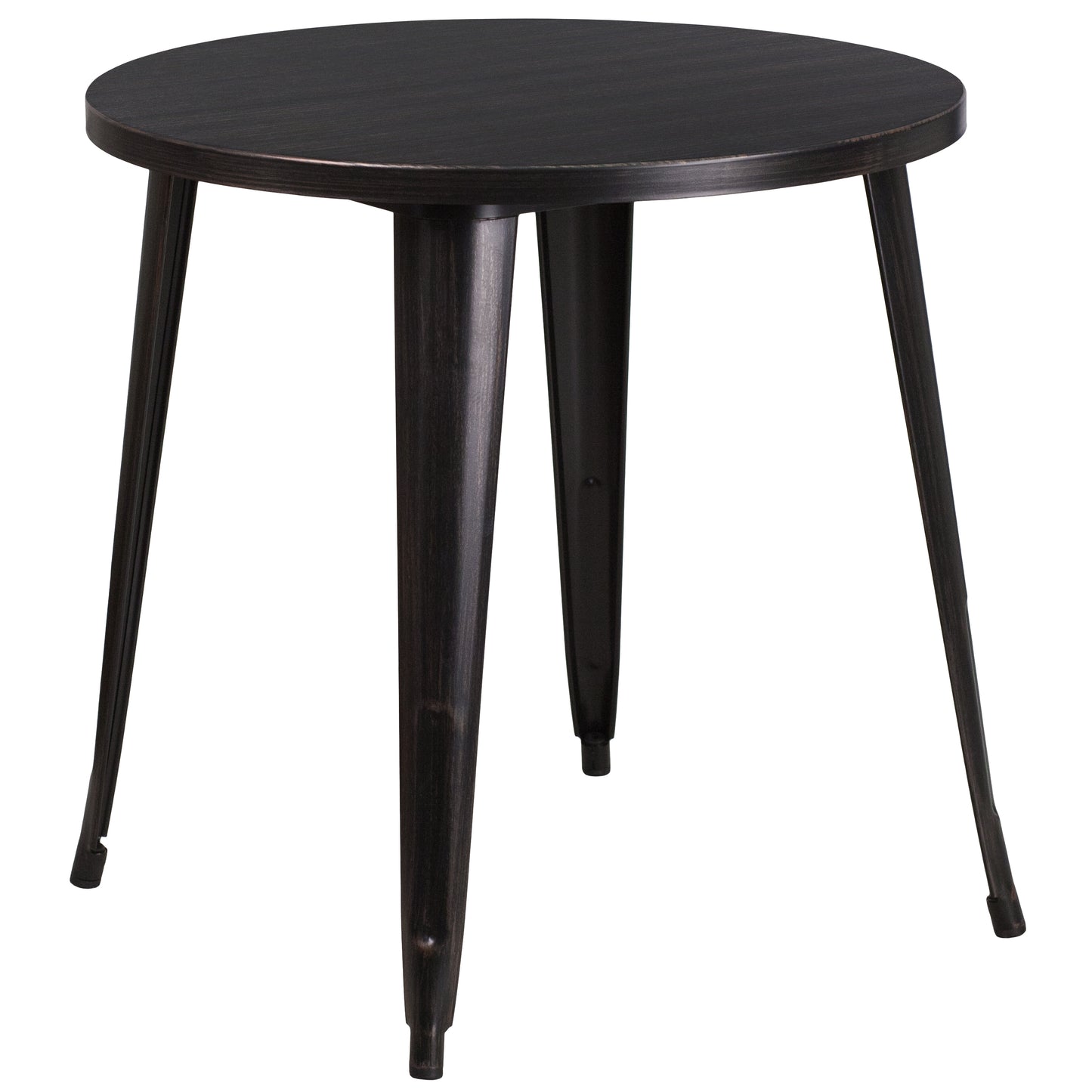 Chad Commercial Grade 30" Round Black-Antique Gold Metal Indoor-Outdoor Table Set with 4 Vertical Slat Back Chairs