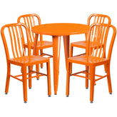 Chad Commercial Grade 30" Round Orange Metal Indoor-Outdoor Table Set with 4 Vertical Slat Back Chairs