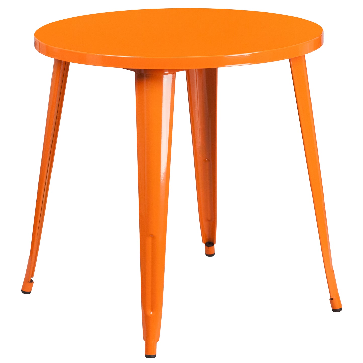 Chad Commercial Grade 30" Round Orange Metal Indoor-Outdoor Table Set with 4 Vertical Slat Back Chairs