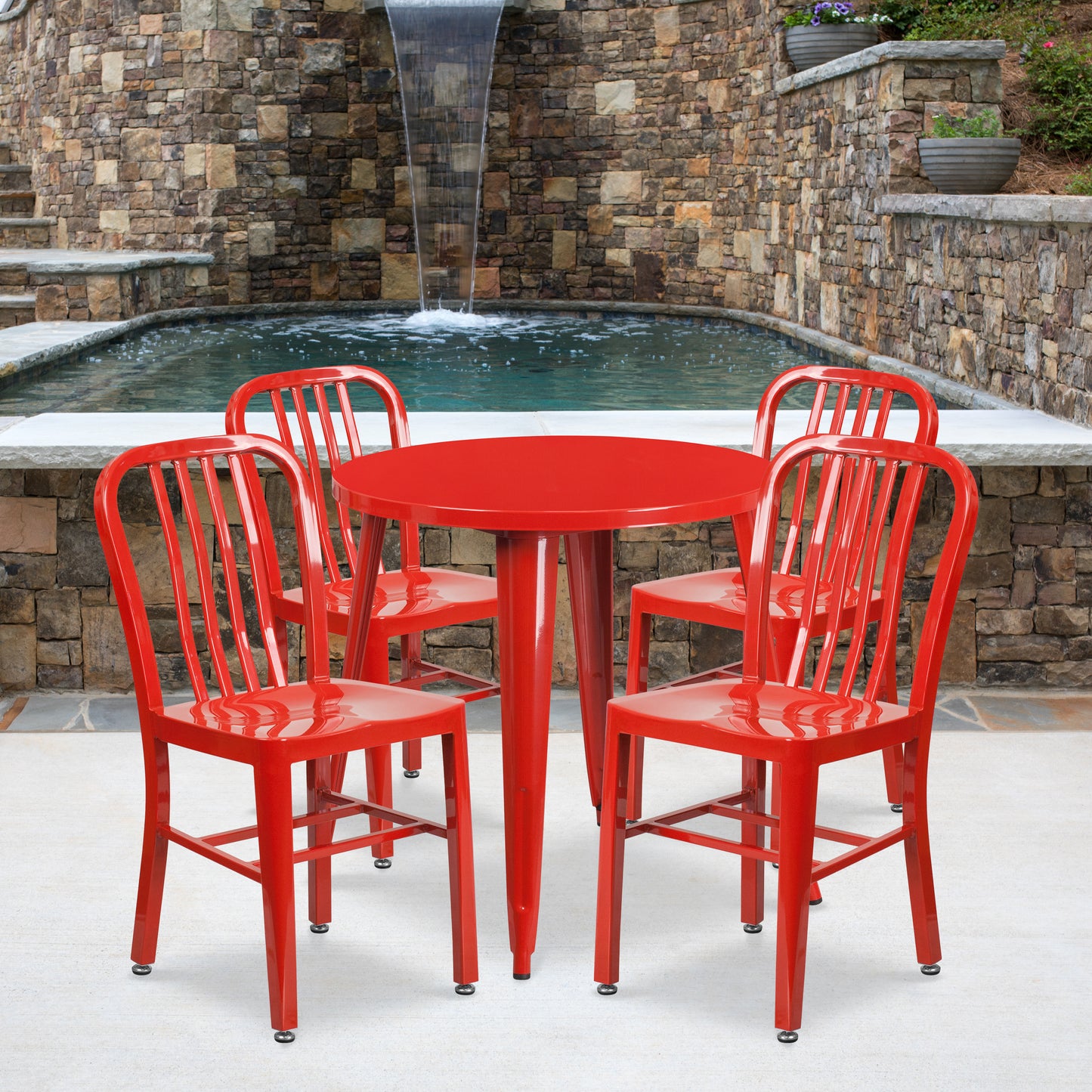 Chad Commercial Grade 30" Round Red Metal Indoor-Outdoor Table Set with 4 Vertical Slat Back Chairs