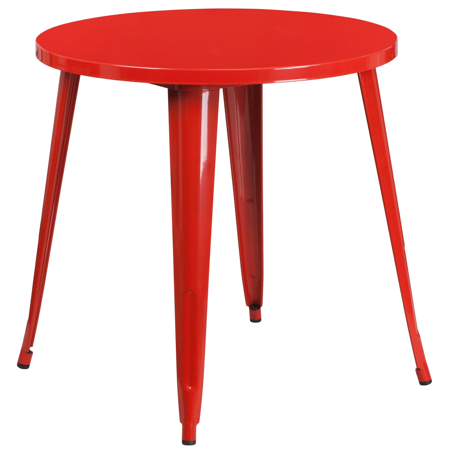 Chad Commercial Grade 30" Round Red Metal Indoor-Outdoor Table Set with 4 Vertical Slat Back Chairs