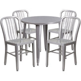 Chad Commercial Grade 30" Round Silver Metal Indoor-Outdoor Table Set with 4 Vertical Slat Back Chairs