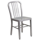Chad Commercial Grade 30" Round Silver Metal Indoor-Outdoor Table Set with 4 Vertical Slat Back Chairs