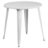 Chad Commercial Grade 30" Round White Metal Indoor-Outdoor Table Set with 4 Vertical Slat Back Chairs