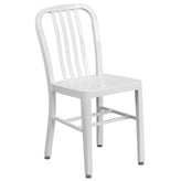 Chad Commercial Grade 30" Round White Metal Indoor-Outdoor Table Set with 4 Vertical Slat Back Chairs