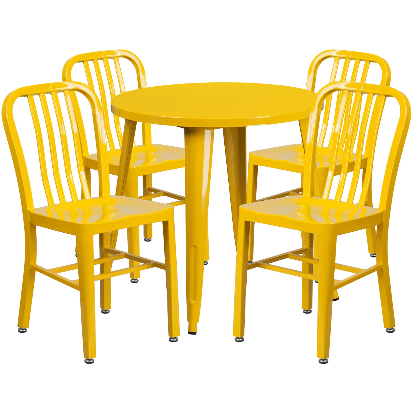 Chad Commercial Grade 30" Round Yellow Metal Indoor-Outdoor Table Set with 4 Vertical Slat Back Chairs