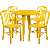 Chad Commercial Grade 30" Round Yellow Metal Indoor-Outdoor Table Set with 4 Vertical Slat Back Chairs