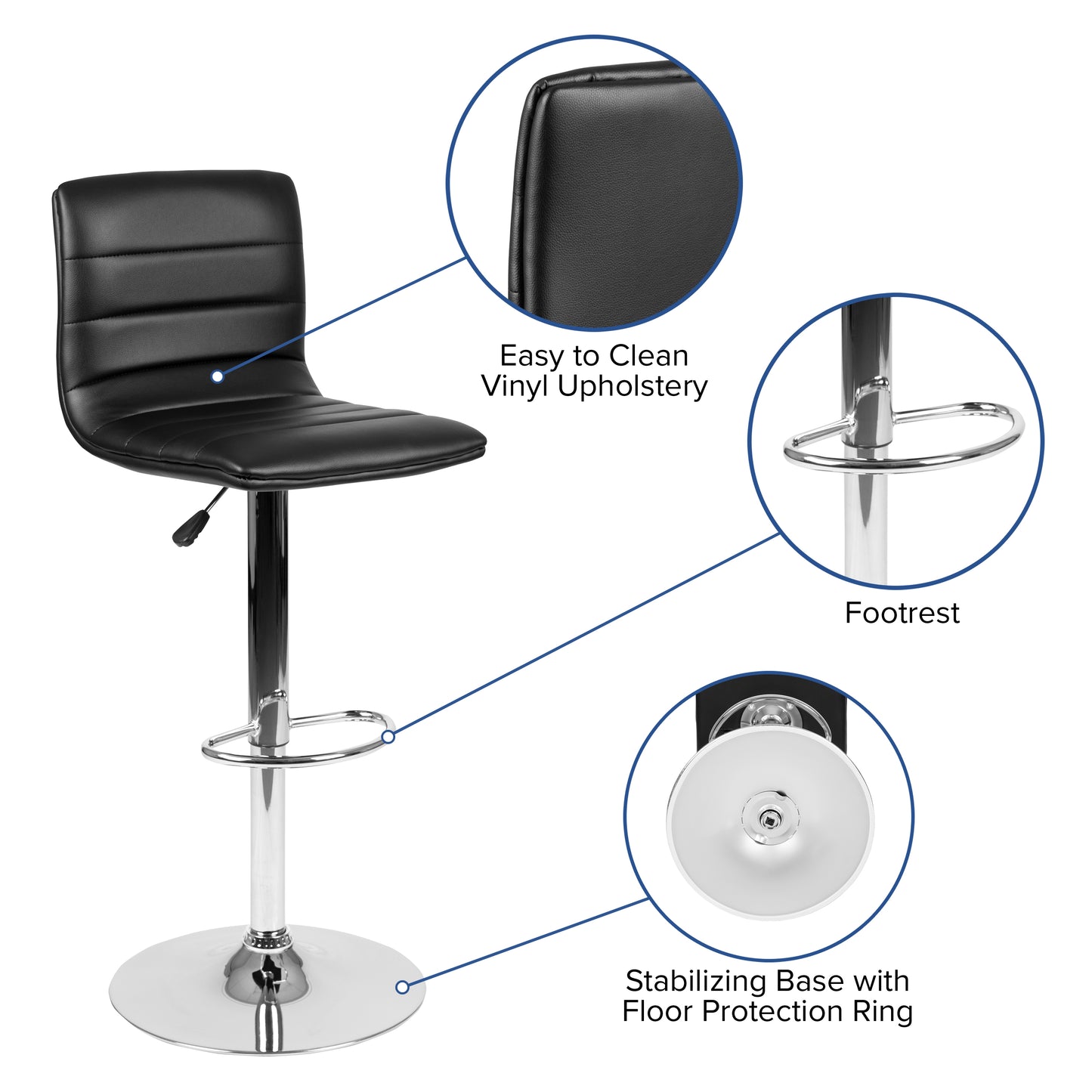 Vincent Modern Black Vinyl Adjustable Bar Stool with Back, Swivel Stool with Chrome Pedestal Base and Footrest