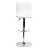 Vincent Modern White Vinyl Adjustable Bar Stool with Back, Swivel Stool with Chrome Pedestal Base and Footrest