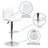 Vincent Modern White Vinyl Adjustable Bar Stool with Back, Swivel Stool with Chrome Pedestal Base and Footrest