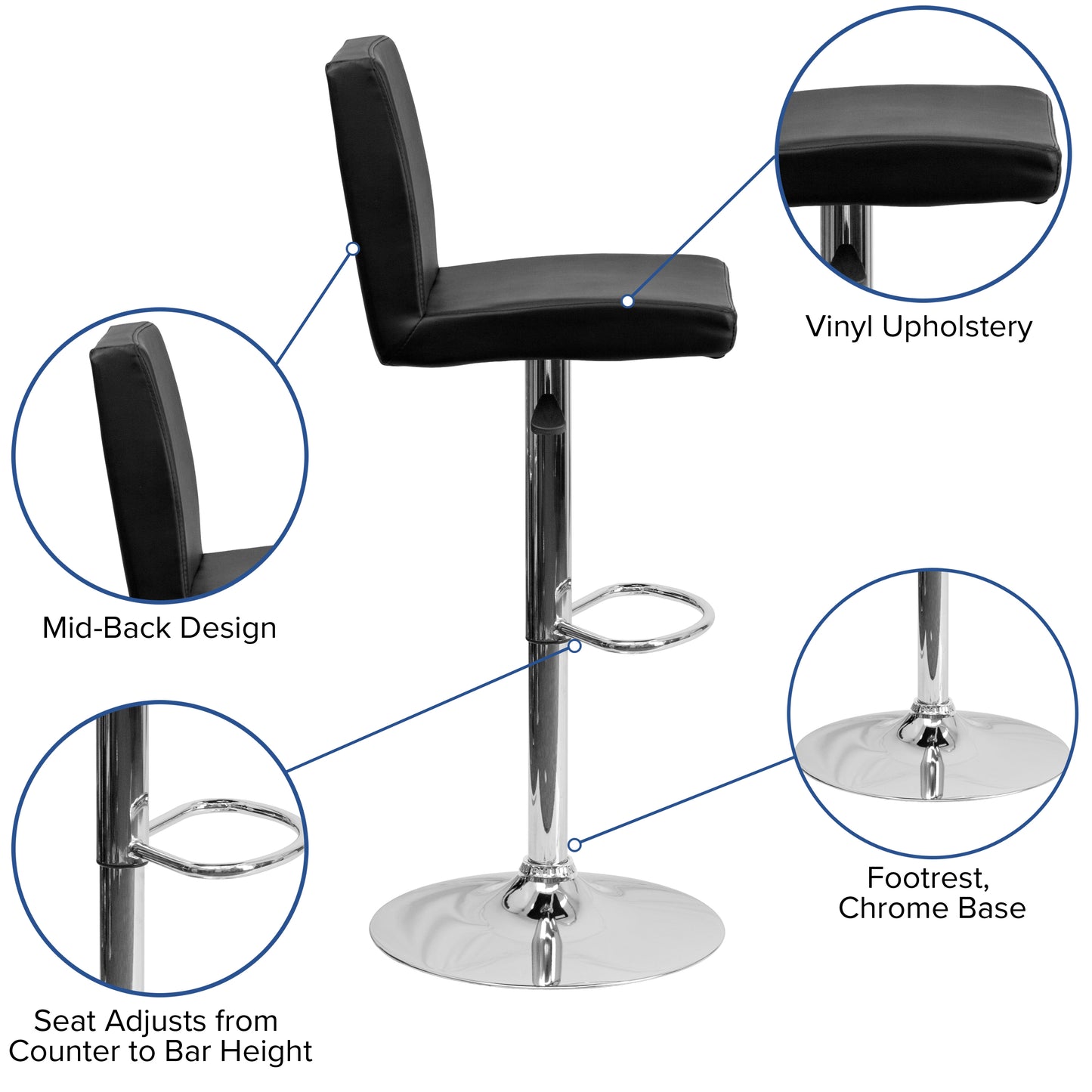 Betty Contemporary Black Vinyl Adjustable Height Barstool with Panel Back and Chrome Base