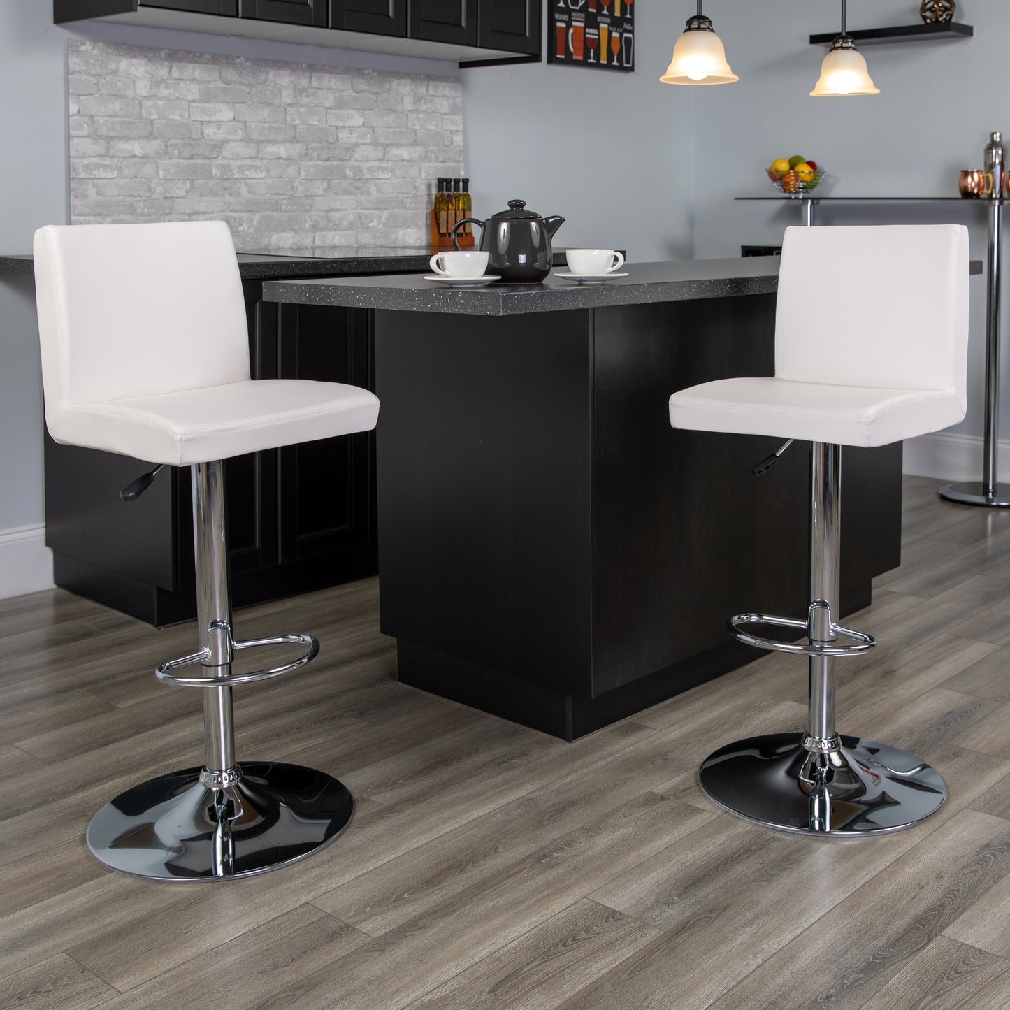 Betty Contemporary White Vinyl Adjustable Height Barstool with Panel Back and Chrome Base