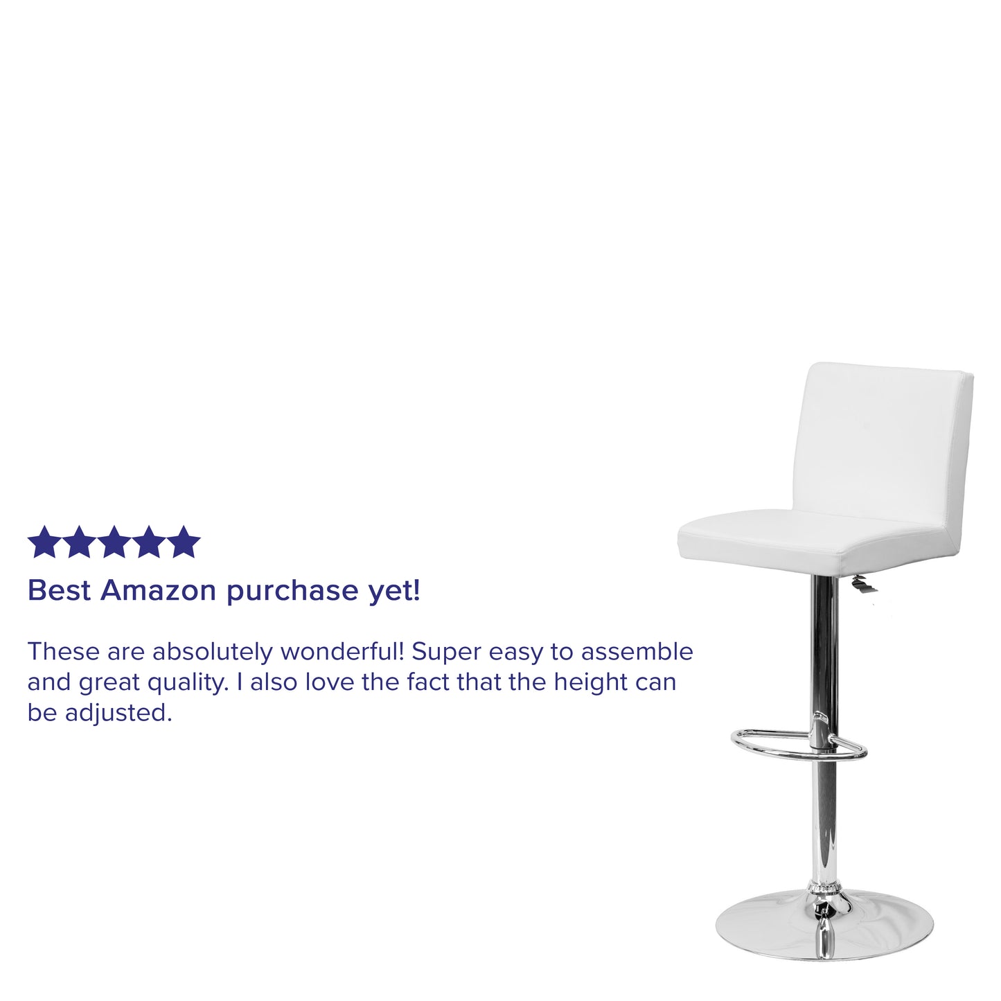 Betty Contemporary White Vinyl Adjustable Height Barstool with Panel Back and Chrome Base