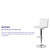 Betty Contemporary White Vinyl Adjustable Height Barstool with Panel Back and Chrome Base