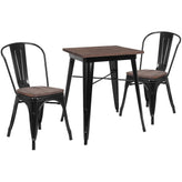 Bailey 23.5" Square Black Metal Table Set with Wood Top and 2 Stack Chairs