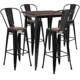 Bailey 31.5" Square Black Metal Bar Table Set with Wood Top and 4 Stools
