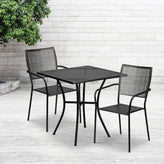 Oia Commercial Grade 28" Square Black Indoor-Outdoor Steel Patio Table Set with 2 Square Back Chairs