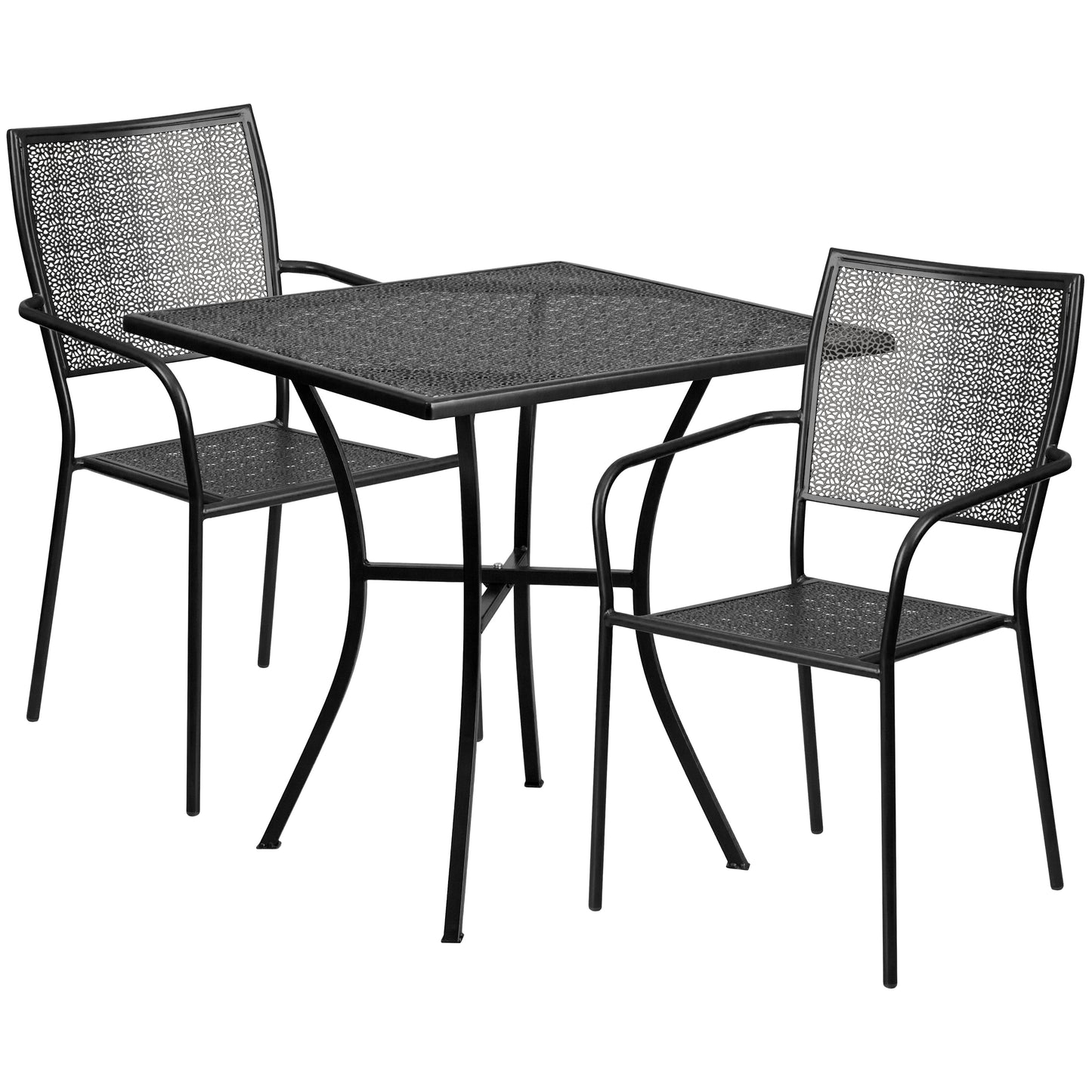 Oia Commercial Grade 28" Square Black Indoor-Outdoor Steel Patio Table Set with 2 Square Back Chairs