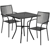 Oia Commercial Grade 28" Square Black Indoor-Outdoor Steel Patio Table Set with 2 Square Back Chairs