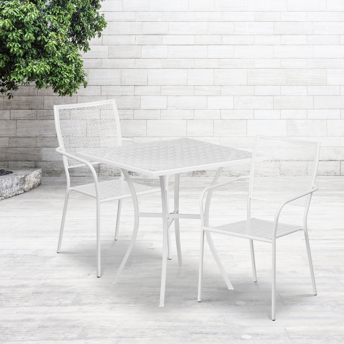 Oia Commercial Grade 28" Square White Indoor-Outdoor Steel Patio Table Set with 2 Square Back Chairs