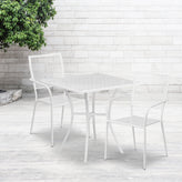 Oia Commercial Grade 28" Square White Indoor-Outdoor Steel Patio Table Set with 2 Square Back Chairs