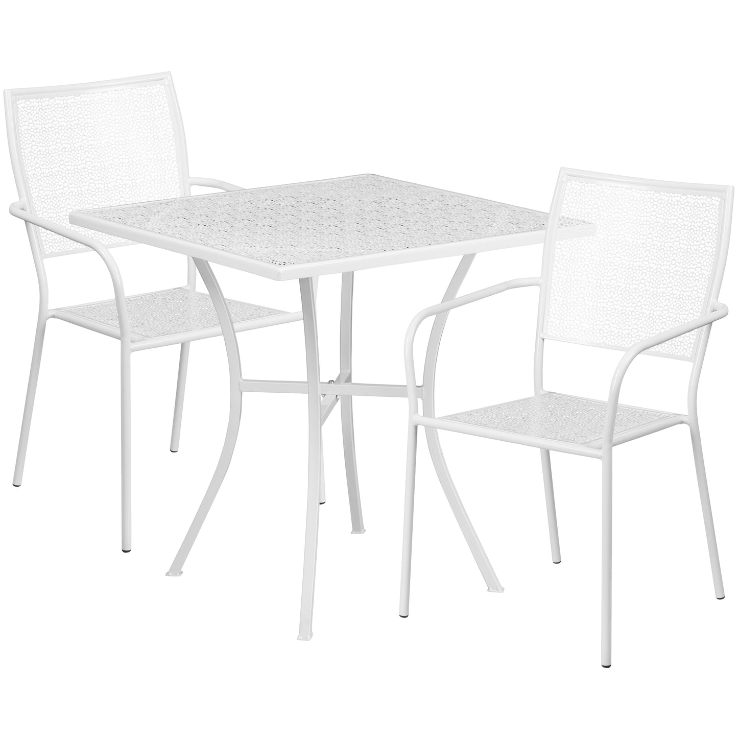 Oia Commercial Grade 28" Square White Indoor-Outdoor Steel Patio Table Set with 2 Square Back Chairs
