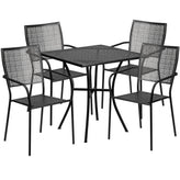 Oia Commercial Grade 28" Square Black Indoor-Outdoor Steel Patio Table Set with 4 Square Back Chairs
