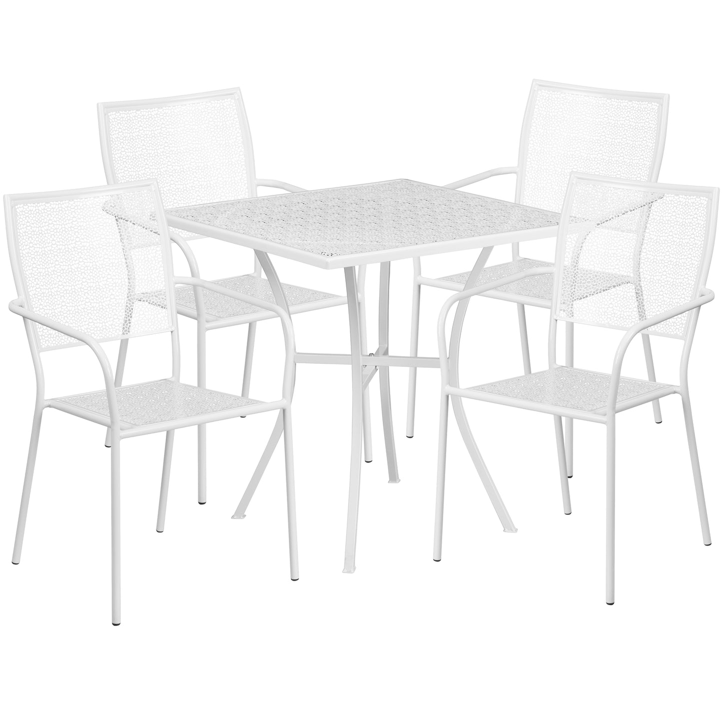 Oia Commercial Grade 28" Square White Indoor-Outdoor Steel Patio Table Set with 4 Square Back Chairs