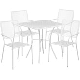 Oia Commercial Grade 28" Square White Indoor-Outdoor Steel Patio Table Set with 4 Square Back Chairs