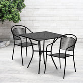 Oia Commercial Grade 28" Square Black Indoor-Outdoor Steel Patio Table Set with 2 Round Back Chairs