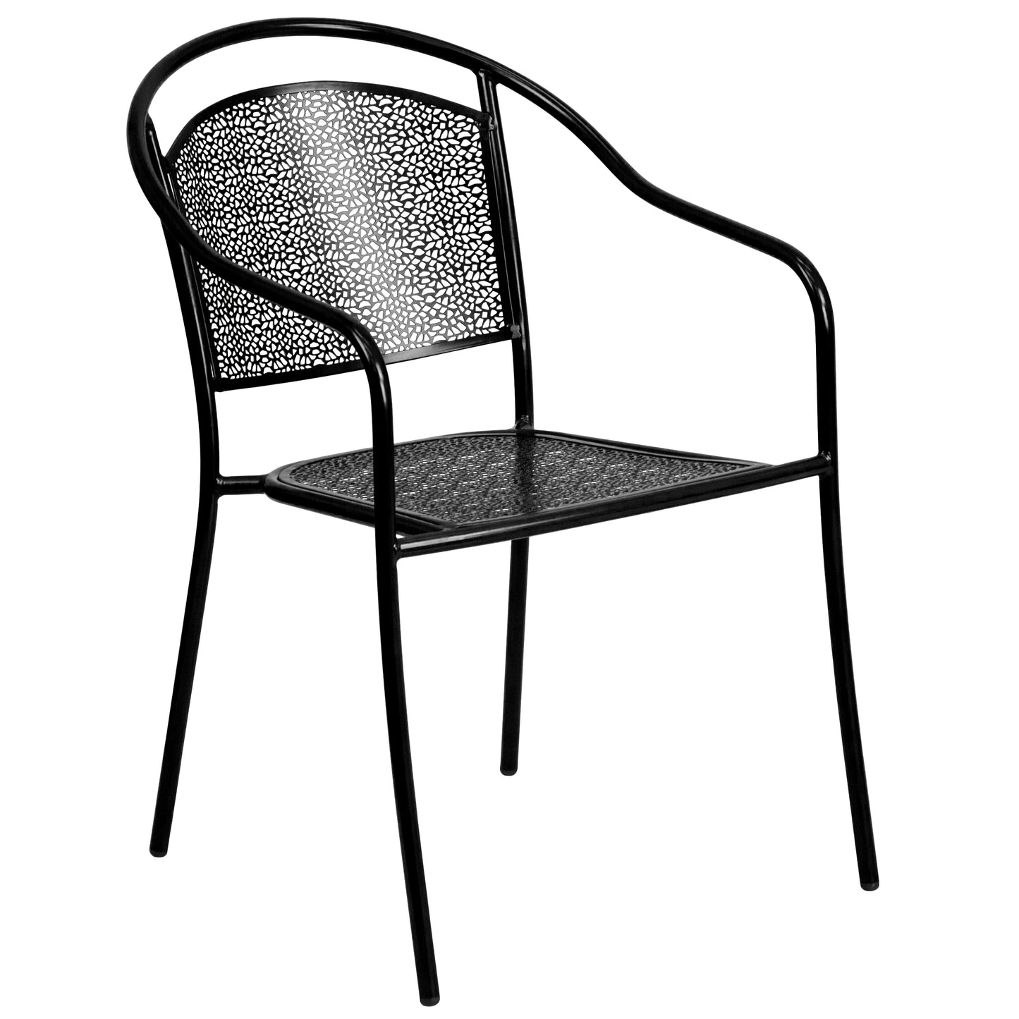 Oia Commercial Grade 28" Square Black Indoor-Outdoor Steel Patio Table Set with 2 Round Back Chairs