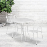 Oia Commercial Grade 28" Square White Indoor-Outdoor Steel Patio Table Set with 2 Round Back Chairs