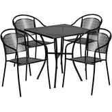 Oia Commercial Grade 28" Square Black Indoor-Outdoor Steel Patio Table Set with 4 Round Back Chairs