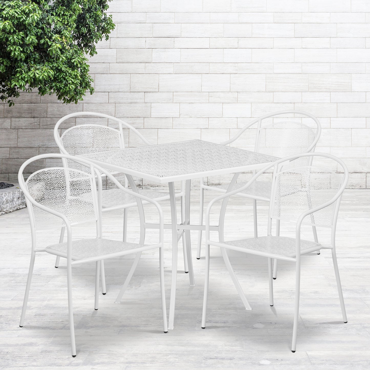 Oia Commercial Grade 28" Square White Indoor-Outdoor Steel Patio Table Set with 4 Round Back Chairs