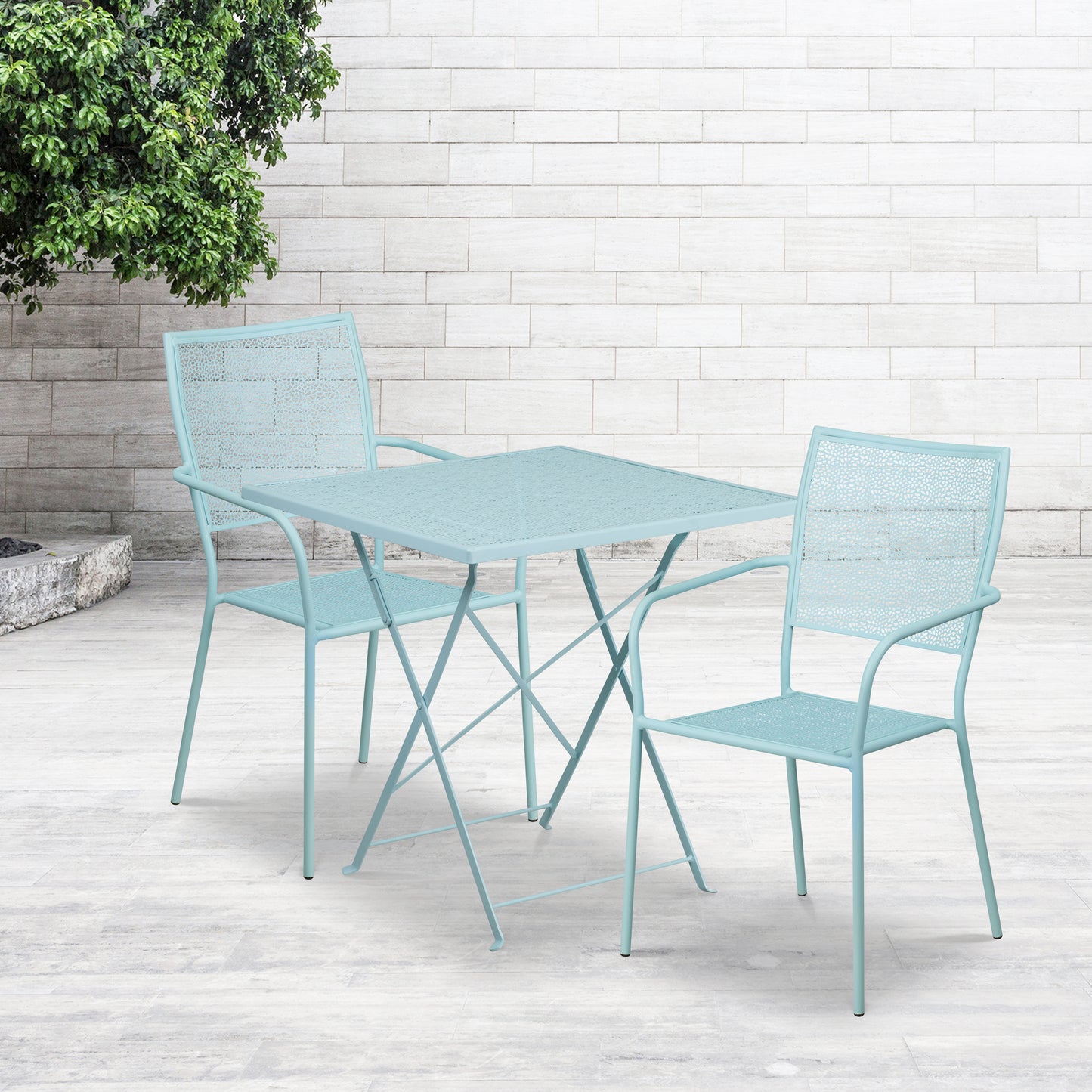 Oia Commercial Grade 28" Square Sky Blue Indoor-Outdoor Steel Folding Patio Table Set with 2 Square Back Chairs