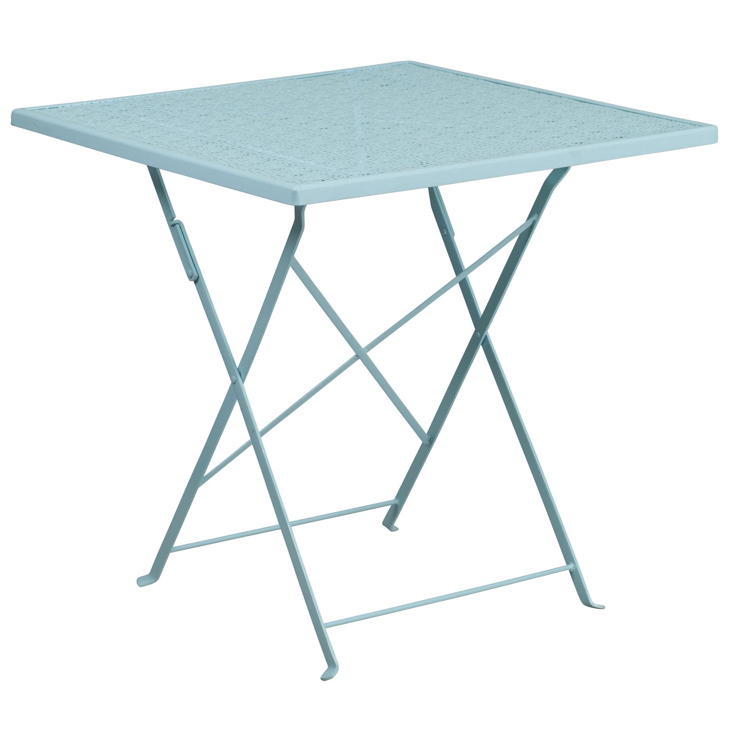 Oia Commercial Grade 28" Square Sky Blue Indoor-Outdoor Steel Folding Patio Table Set with 2 Square Back Chairs