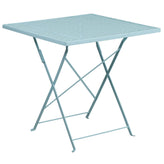 Oia Commercial Grade 28" Square Sky Blue Indoor-Outdoor Steel Folding Patio Table Set with 2 Square Back Chairs