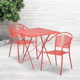 Oia Commercial Grade 28" Square Coral Indoor-Outdoor Steel Folding Patio Table Set with 2 Round Back Chairs