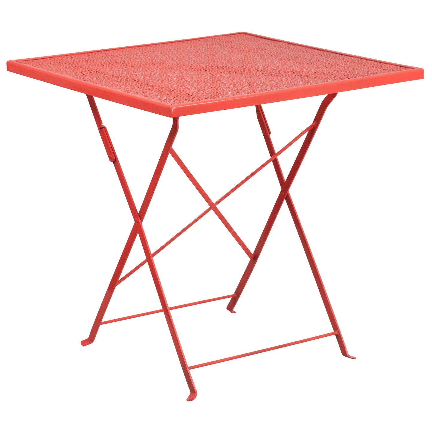 Oia Commercial Grade 28" Square Coral Indoor-Outdoor Steel Folding Patio Table Set with 2 Round Back Chairs