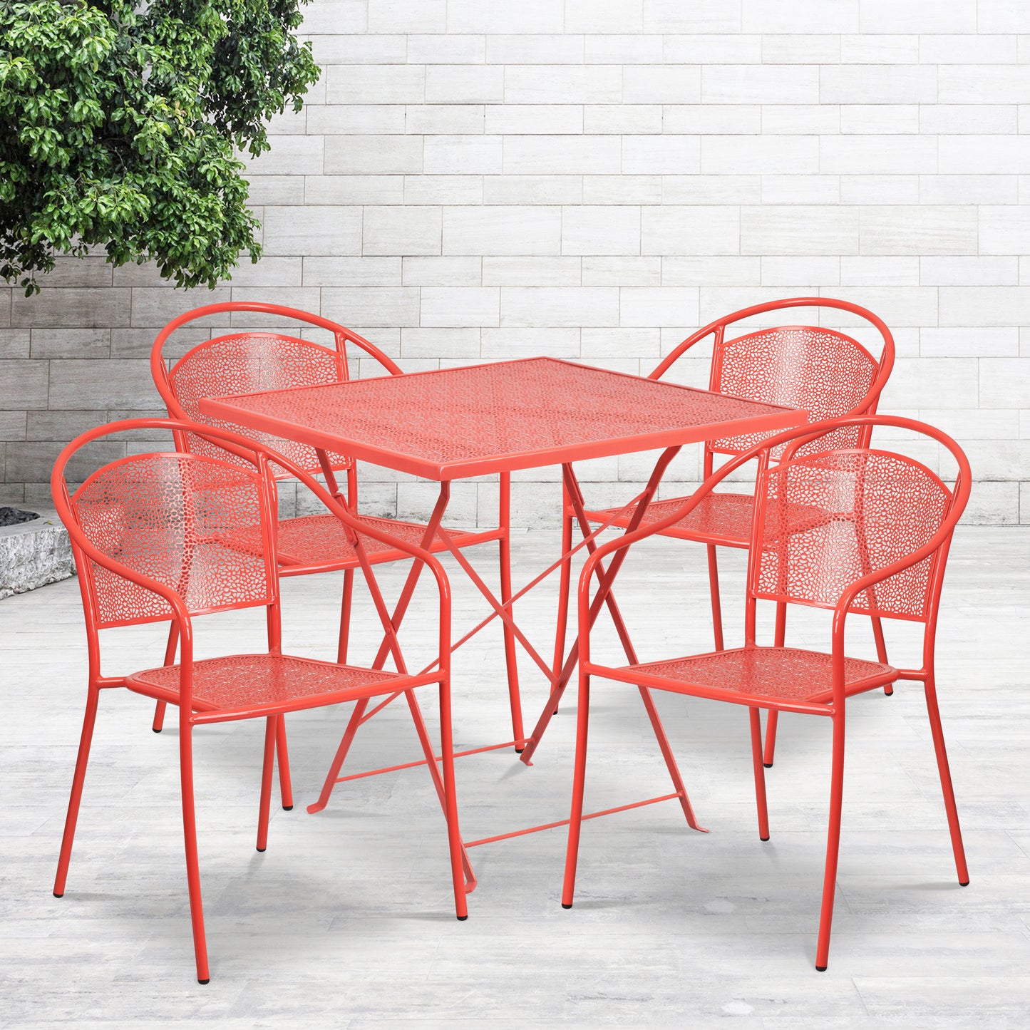 Oia Commercial Grade 28" Square Coral Indoor-Outdoor Steel Folding Patio Table Set with 4 Round Back Chairs