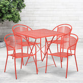 Oia Commercial Grade 28" Square Coral Indoor-Outdoor Steel Folding Patio Table Set with 4 Round Back Chairs
