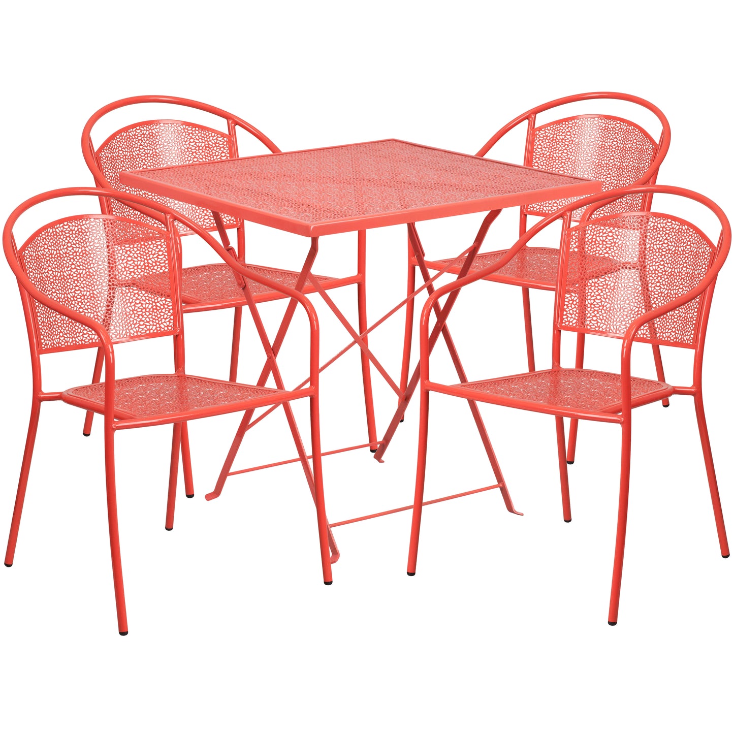 Oia Commercial Grade 28" Square Coral Indoor-Outdoor Steel Folding Patio Table Set with 4 Round Back Chairs