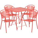 Oia Commercial Grade 28" Square Coral Indoor-Outdoor Steel Folding Patio Table Set with 4 Round Back Chairs