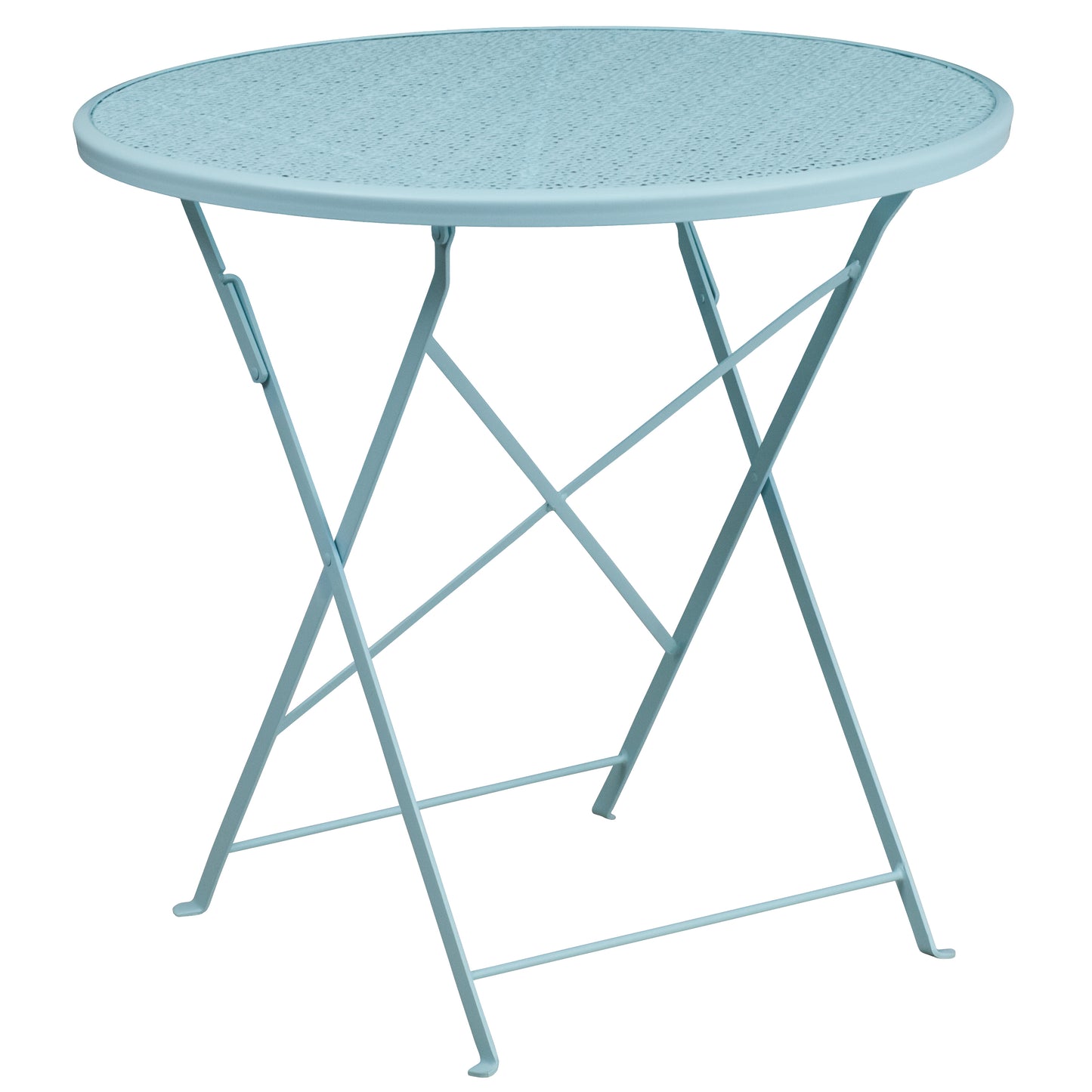Oia Commercial Grade 30" Round Sky Blue Indoor-Outdoor Steel Folding Patio Table Set with 2 Square Back Chairs