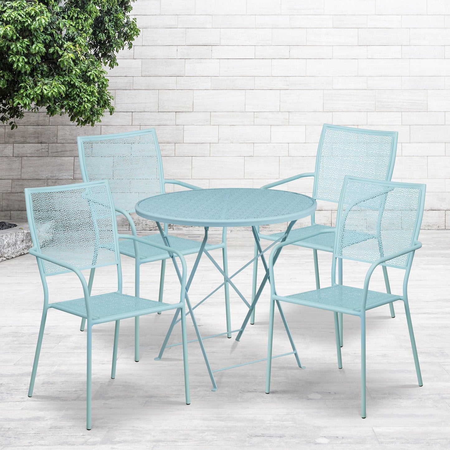 Oia Commercial Grade 30" Round Sky Blue Indoor-Outdoor Steel Folding Patio Table Set with 4 Square Back Chairs