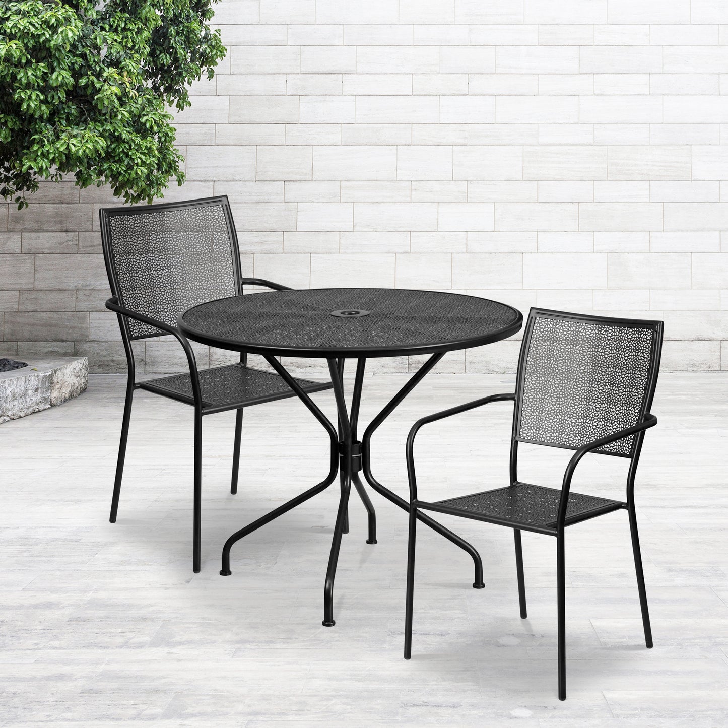 Oia Commercial Grade 35.25" Round Black Indoor-Outdoor Steel Patio Table Set with 2 Square Back Chairs